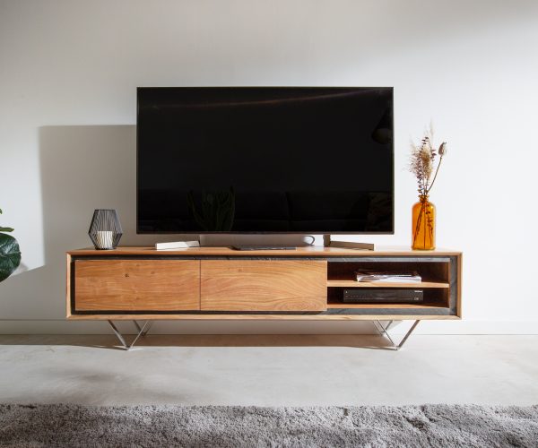TV stolík Stonegrace 175 cm akácia prírodná 2 dvierka 2 priehradky kameninová podstava v tvare V - Image 2