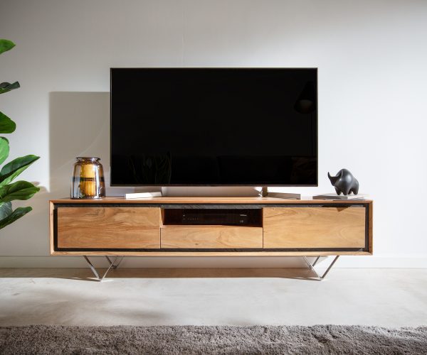 TV stolík Stonegrace 175 cm akácia prírodná 2 dvierka 1 priehradka 1 zásuvka kameninová podstava v tvare V - Image 2