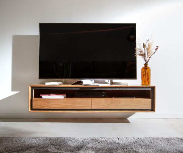 TV stolík Stonegrace 145 cm akácia prírodná 1 priehradka 2 zásuvky kamenná dyha závesná - Image 2