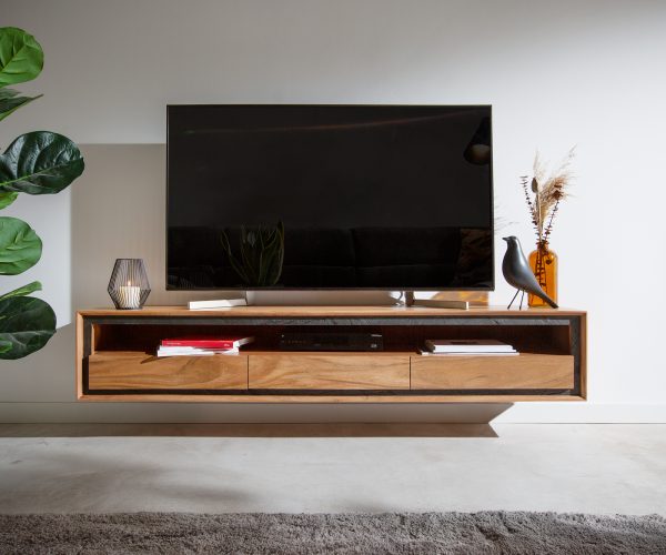 TV stolík Stonegrace 175 cm prírodná akácia 1 priehradka 3 zásuvky kamenná dyha na zavesenie - Image 2