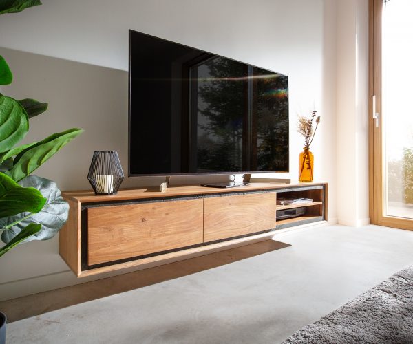 TV stolík Stonegrace 175 cm prírodná akácia 2 dvierka 2 priehradky kamenná dyha na zavesenie