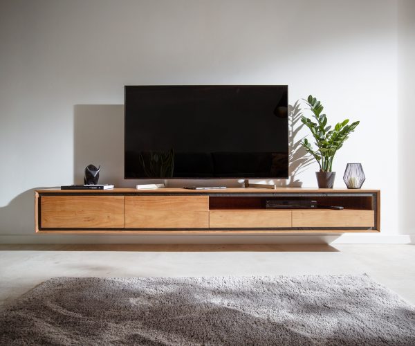 TV stolík Stonegrace 240 cm akáciový prírodný kameň 2 dvierka 1 priehradka 2 zásuvky na zavesenie - Image 2