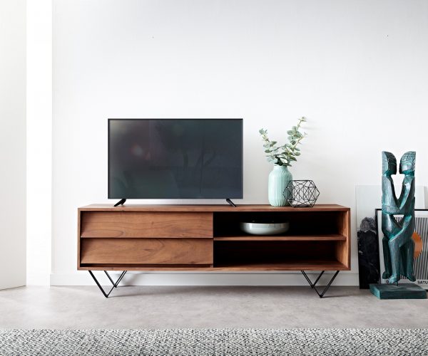 TV stolek Eloi 145x35 cm hnědá akácie 2 šuplíky 2 přihrádky podnož "V" černá - Image 2