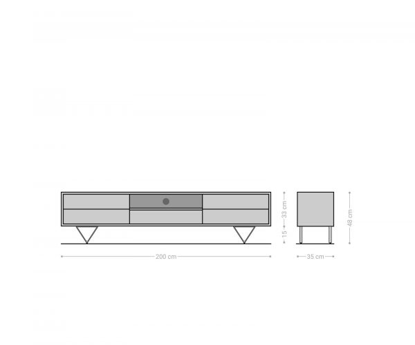 TV stolík Eloi 200x35 cm Akácia hnedá 2 dvierka 1 zásuvka Podstavec v tvare V čierny - Image 7