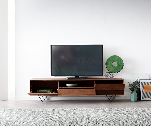 TV stolík Eloi 200x35 cm Akácia hnedá 2 dvierka 1 zásuvka Podstavec v tvare V čierny - Image 4