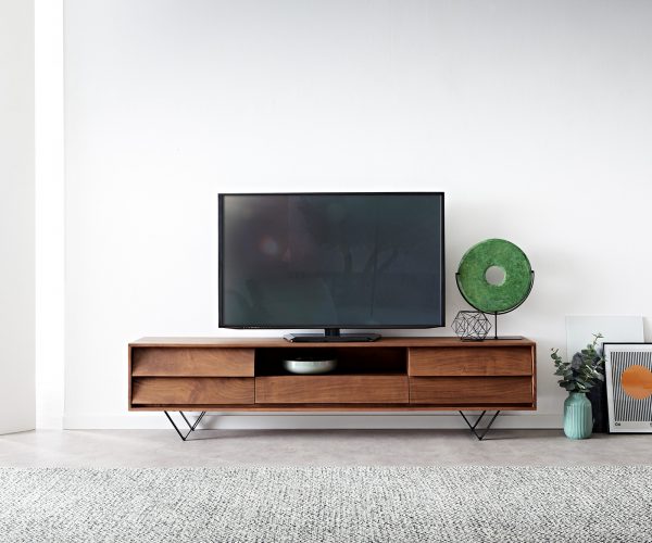 TV stolík Eloi 200x35 cm Akácia hnedá 2 dvierka 1 zásuvka Podstavec v tvare V čierny - Image 2