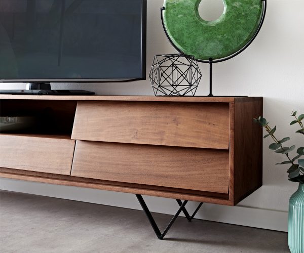 TV stolík Eloi 200x35 cm Akácia hnedá 2 dvierka 1 zásuvka Podstavec v tvare V čierny - Image 5