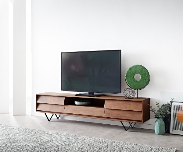 TV stolík Eloi 200x35 cm Akácia hnedá 2 dvierka 1 zásuvka Podstavec v tvare V čierny