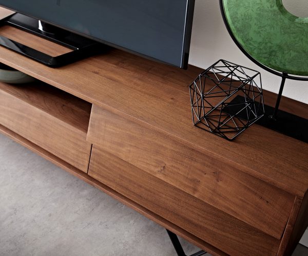TV stolík Eloi 200x35 cm Akácia hnedá 2 dvierka 1 zásuvka Podstavec v tvare V čierny - Image 6