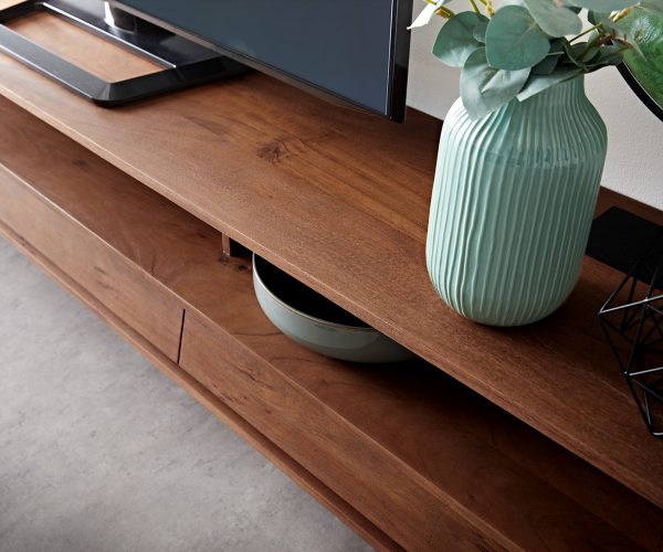 TV stolek Eloi 240x35 cm hnědá akácie 3 šuplíky podnož "V" černá - Image 5