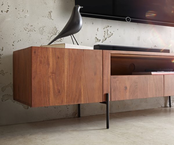 TV stolík Secara 200 cm akáciová hnedá 2 dvierka 2 zásuvky mramorový podstavec čierny - Image 6