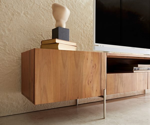 TV stolík Secara 220 cm akácia prírodná 2 dvierka 2 zásuvky mramorový podstavec nerezová oceľ - Image 4