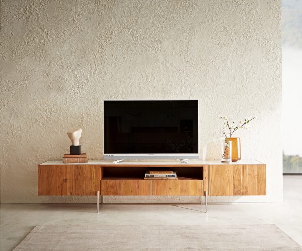 TV stolík Secara 220 cm akácia prírodná 2 dvierka 2 zásuvky mramorový podstavec nerezová oceľ - Image 2