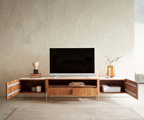 TV stolík Secara 220 cm akácia prírodná 2 dvierka 2 zásuvky mramorový podstavec nerezová oceľ - Image 5