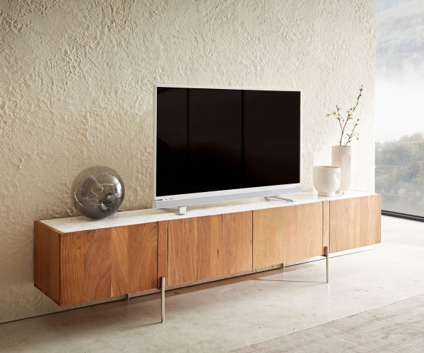 TV stolík Secara 200 cm prírodná akácia 4 dvierka mramorový podstavec nerezová oceľ