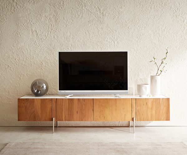 TV stolík Secara 200 cm prírodná akácia 4 dvierka mramorový podstavec nerezová oceľ - Image 2