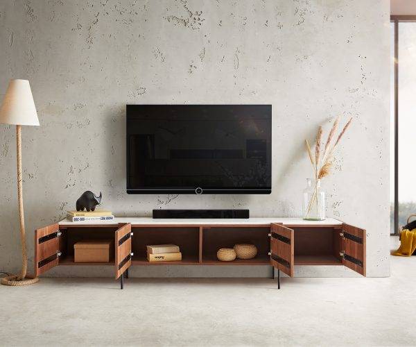 TV stolík Secara 200 cm akáciová hnedá 4 dvierka mramorový podstavec čierny - Image 4