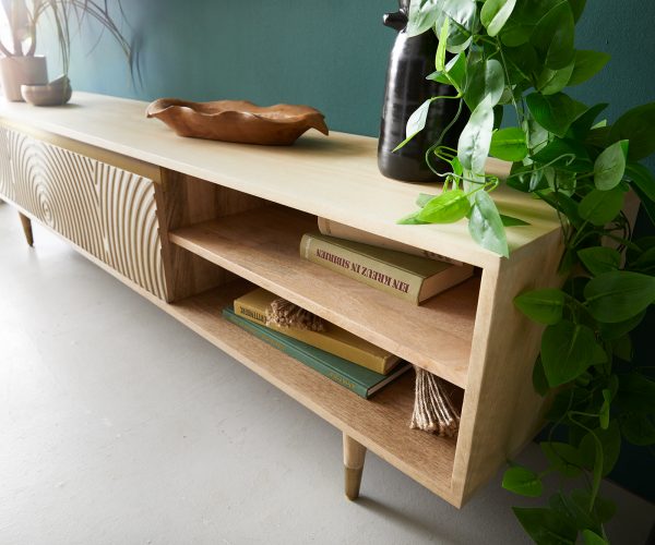 TV stolík Budaya mango prírodný 175 cm 2 dvierka 2 priehradky okrúhla základňa - Image 5