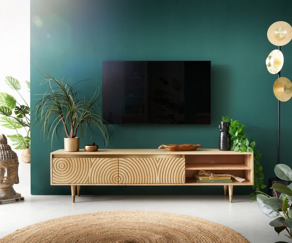 TV stolík Budaya mango prírodný 175 cm 2 dvierka 2 priehradky okrúhla základňa - Image 2