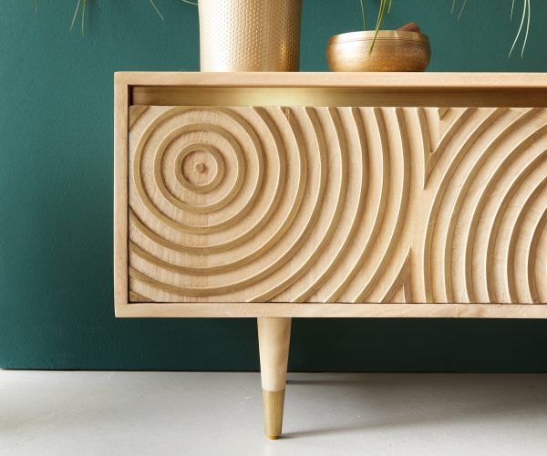 TV stolík Budaya mango prírodný 175 cm 2 dvierka 2 priehradky okrúhla základňa - Image 7