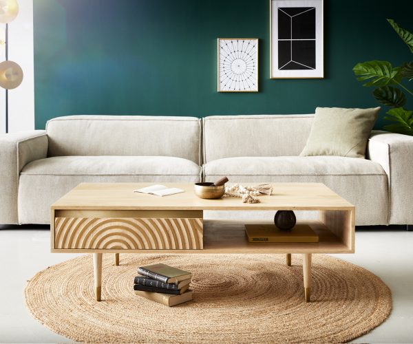 Konferenčný stolík Budaya mango prírodný 115x60 cm 2 zásuvky 1 priehradka okrúhla základňa - Image 2