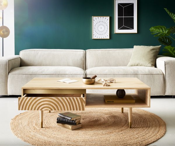 Konferenčný stolík Budaya mango prírodný 115x60 cm 2 zásuvky 1 priehradka okrúhla základňa - Image 4