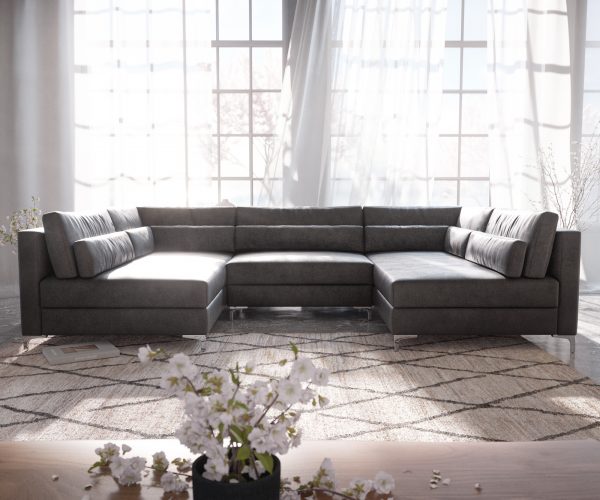 Pohovka v tvare U Elio 300x185 cm imitácia kože vintage antracit s taburetkou - Image 2