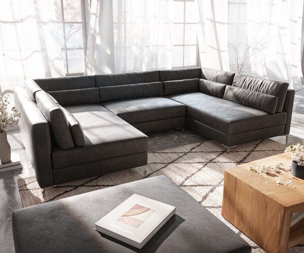 Pohovka v tvare U Elio 300x185 cm imitácia kože vintage antracit s taburetkou - Image 4