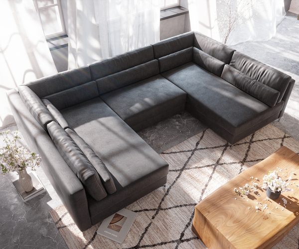 Pohovka v tvare U Elio 300x185 cm imitácia kože vintage antracit s taburetkou - Image 5