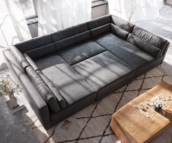 Pohovka v tvare U Elio 300x185 cm imitácia kože vintage antracit s taburetkou - Image 6