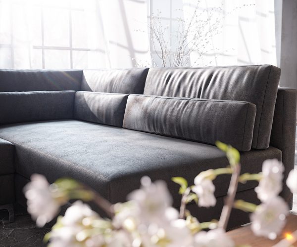 Pohovka v tvare U Elio 300x185 cm imitácia kože vintage antracit s taburetkou - Image 7