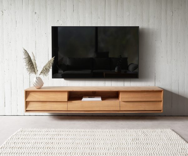 TV stolík Eloi 200x35 cm prírodná akácia 2 dvierka 1 zásuvka na zavesenie - Image 2