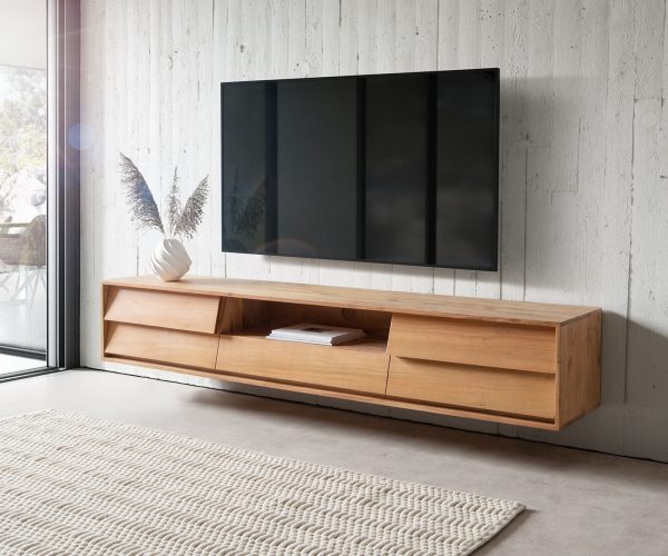 TV stolík Eloi 200x35 cm prírodná akácia 2 dvierka 1 zásuvka na zavesenie