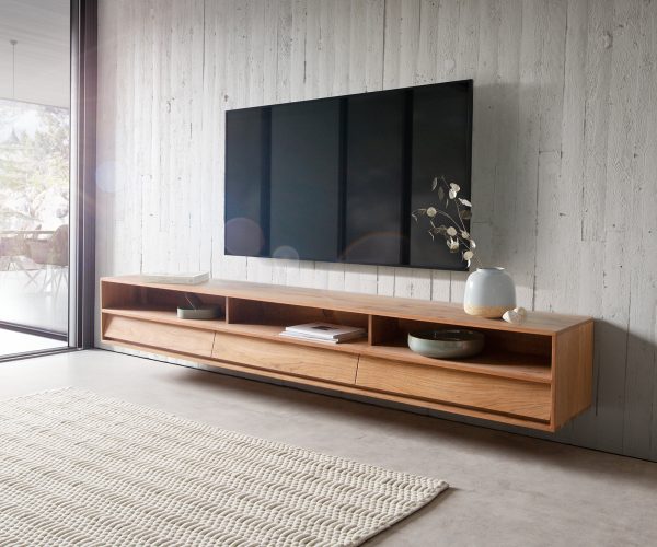 TV stolek Eloi 240x35 cm Akácie Přírodní 3 zásuvky plovoucí