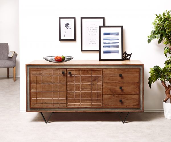 Komoda Stonegrace 150 cm Akácia hnedá 3D 2 dvierka 3 zásuvky Dno v tvare V čierne - Image 2