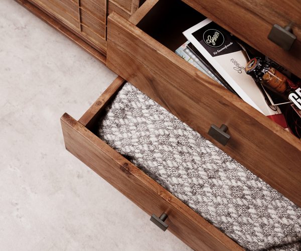 Komoda Stonegrace 150 cm Akácia hnedá 3D 2 dvierka 3 zásuvky Dno v tvare V čierne - Image 4