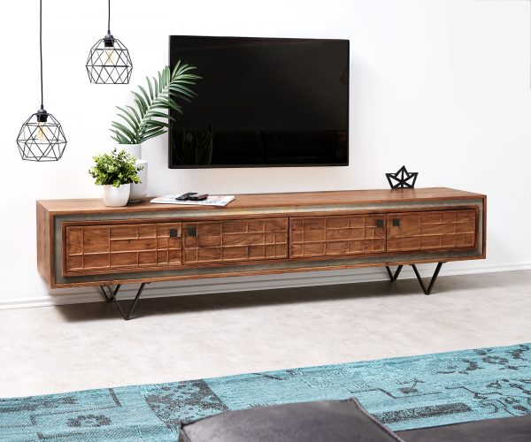 TV stolík Stonegrace 200 cm Akácia hnedá 3D 4 dvierka Podstavec v tvare V čierny