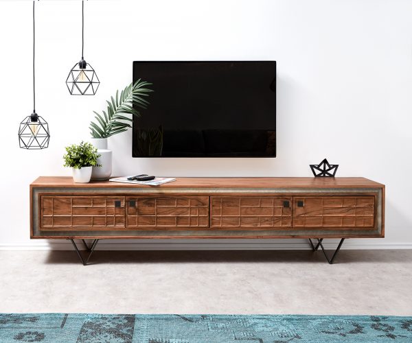 TV stolík Stonegrace 200 cm Akácia hnedá 3D 4 dvierka Podstavec v tvare V čierny - Image 2