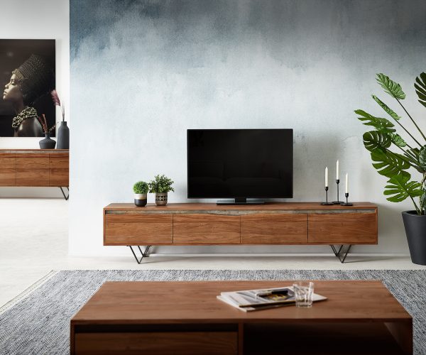TV stolík Stonegrace 220 cm Akácia hnedá nepravidelný okraj 4 dvierka Podstavec v tvare V čierny - Image 2
