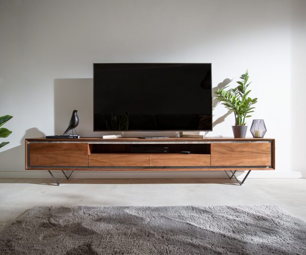 TV stolík Stonegrace 240 cm akáciová hnedá 2 dvierka 2 zásuvky 1 priehradka kameninová podstava v tvare V čierna - Image 2