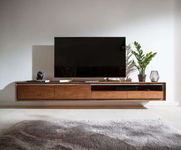 TV stolík Stonegrace 240 cm akáciová hnedá kamenina 2 dvierka 2 zásuvky 1 priehradka na zavesenie - Image 2