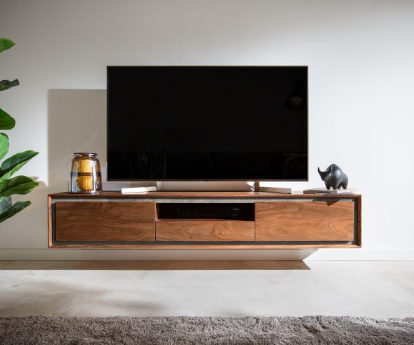 TV stolík Stonegrace 175 cm akáciová hnedá kamenina 2 dvierka 1 zásuvka 1 priehradka na zavesenie - Image 2