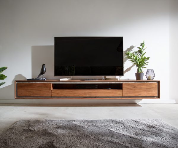 TV stolík Stonegrace 240 cm akáciová hnedá 2 dvierka 2 zásuvky 1 priehradka kameninový závesný - Image 2
