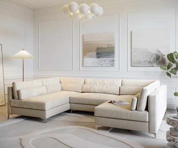 Pohovka v tvare U Elio 300x185 cm manšestrová béžová s taburetkou - Image 4