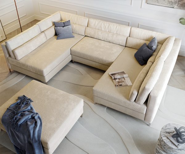 Pohovka v tvare U Elio 300x185 cm manšestrová béžová s taburetkou - Image 5