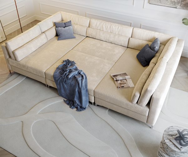 Pohovka v tvare U Elio 300x185 cm manšestrová béžová s taburetkou - Image 6