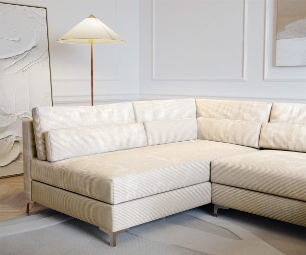 Pohovka v tvare U Elio 300x185 cm manšestrová béžová s taburetkou - Image 7