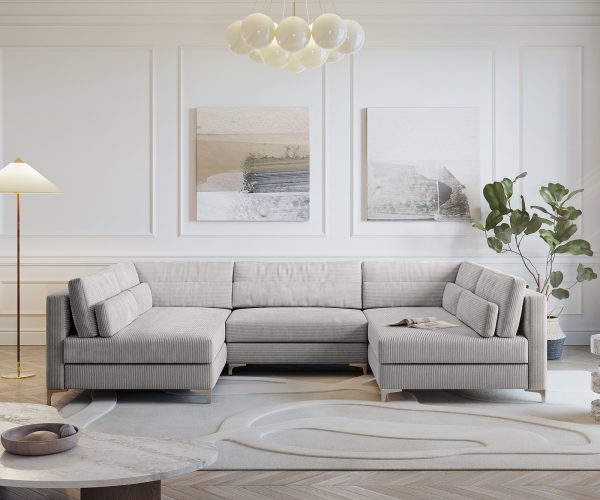 Pohovka v tvare U Elio 300x185 cm strieborná sivá manšestrová s taburetkou - Image 2