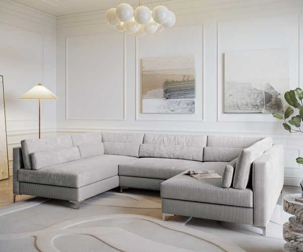 Pohovka v tvare U Elio 300x185 cm strieborná sivá manšestrová s taburetkou - Image 4
