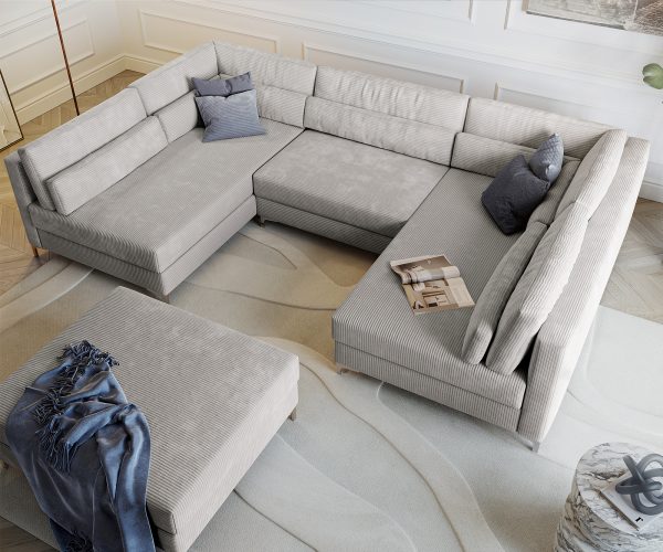 Pohovka v tvare U Elio 300x185 cm strieborná sivá manšestrová s taburetkou - Image 5